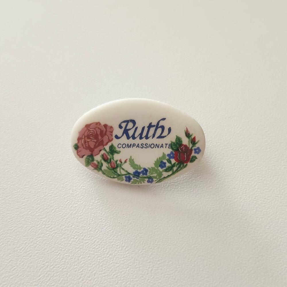 Ruth Compassionate Floral Name Pin Brooch White Oval Porcelain Costume Jewelry